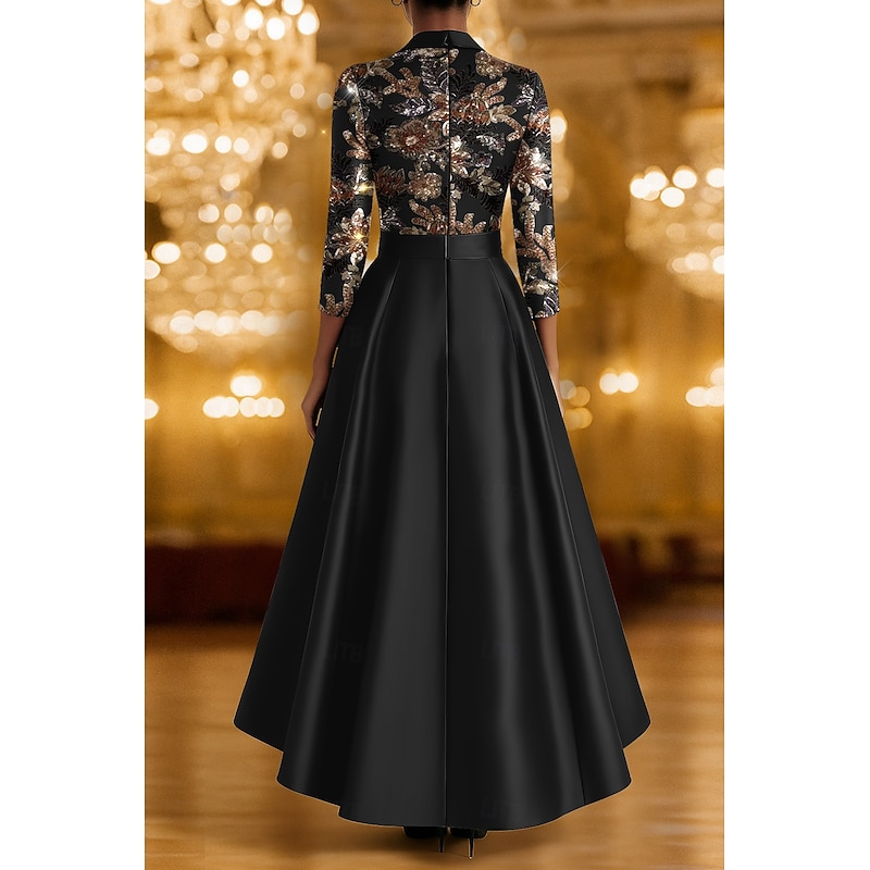 Tuxedo Dress A-Line High-low Dress Flroal Sequin Lace Applique Formal Blazer Dress Wedding Wedding Guest Elegant 3/4 Sleeve Pleated Floor Length Peak Lapels3