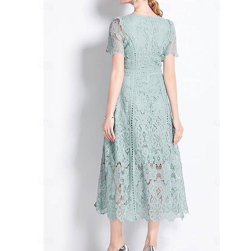 Dress Mother of the Bride Dress Elegant Crew Neck Tea Length Lace Short Sleeve with Lace2