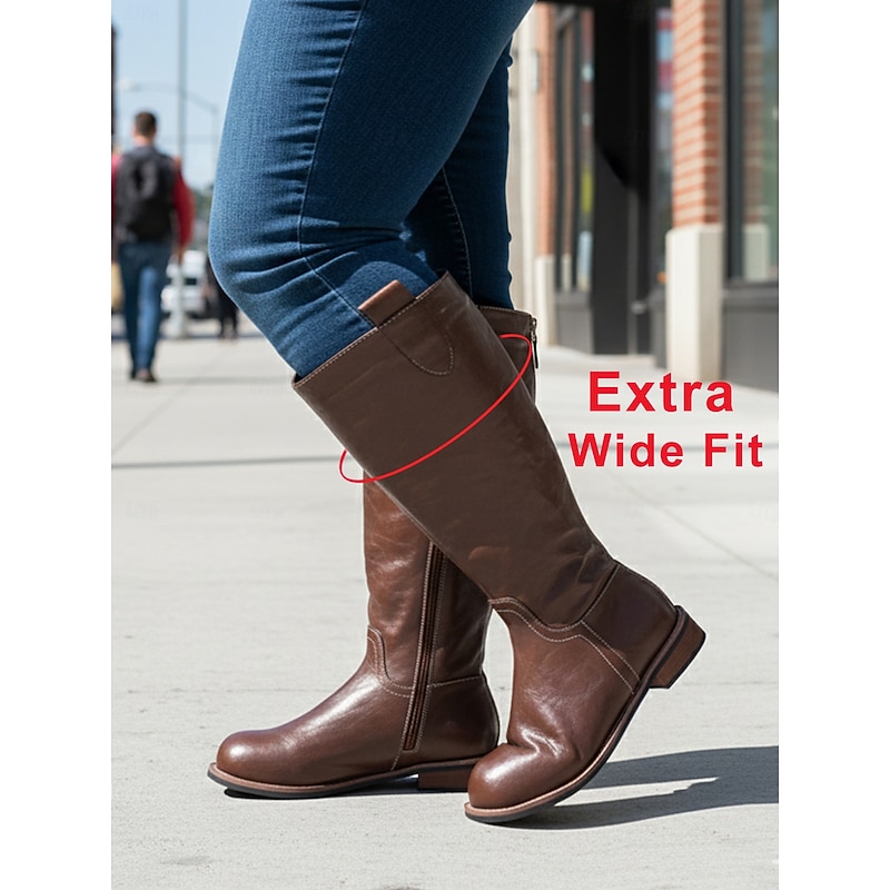 Women's Extra Wide Fit Brown Knee-High Boots with Fur Lining and Zipper Closure, Versatile and Durable Boots for Casual Outfits and Fall & Winter Seasons2