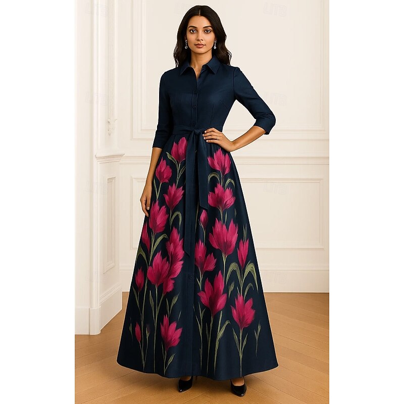 A-Line Mother of the Bride Formal Shirt Dress Elegant Vintage Shirt Collar Floor Length Satin Long Sleeve with Bow(s) Print