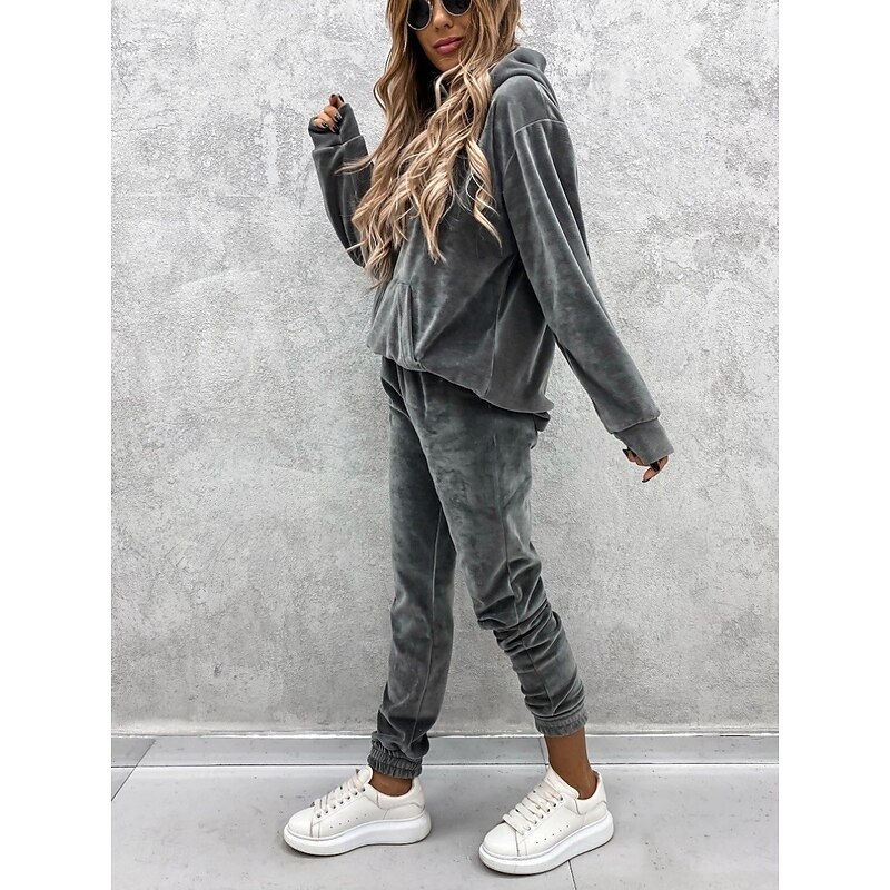 Women's Fashion Streetwear Hoodie Pants Sets Bolero Top Long Sleeve Hooded Solid Color Outdoor Casual Daily Black Wine Blue Fall Regular Fit4