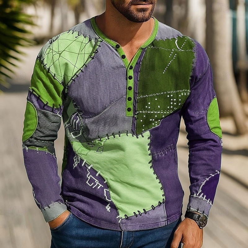 Men's Patchwork T Shirt Henley Shirt Tee Long Sleeve Vintage Designer Stylish Outdoor Casual Daily Fall Spring & Summer Green Blue Purple Coffee Henley Henley T-Shirt3