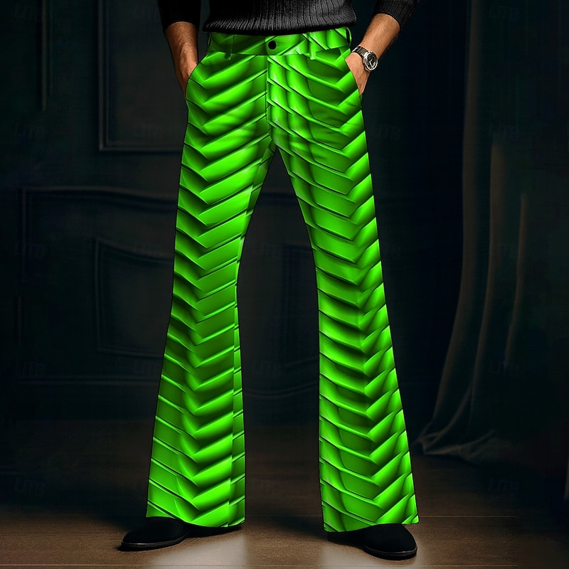 Men's Optical Illusion Geometric Pattern Disco Pants 60s 70s Bell Bottoms Mid Waist Western Vintage Retro Outdoor Vacation Casual Side Pockets Flared Leg Pants Trousers Spring Fall 3D Print Blue3