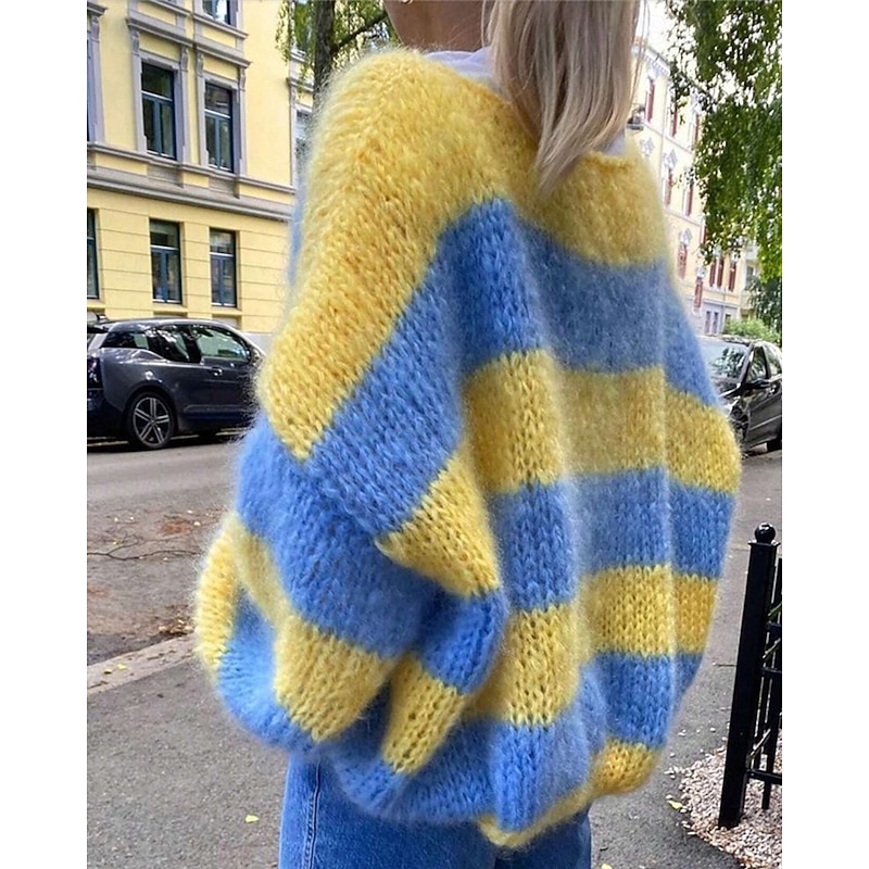 Women's Sweater Fashion Streetwear Casual Striped Ribbed Crew Neck Knitted Long Sleeve Regular Tops Knit Outdoor Daily Weekend Yellow Fall Winter