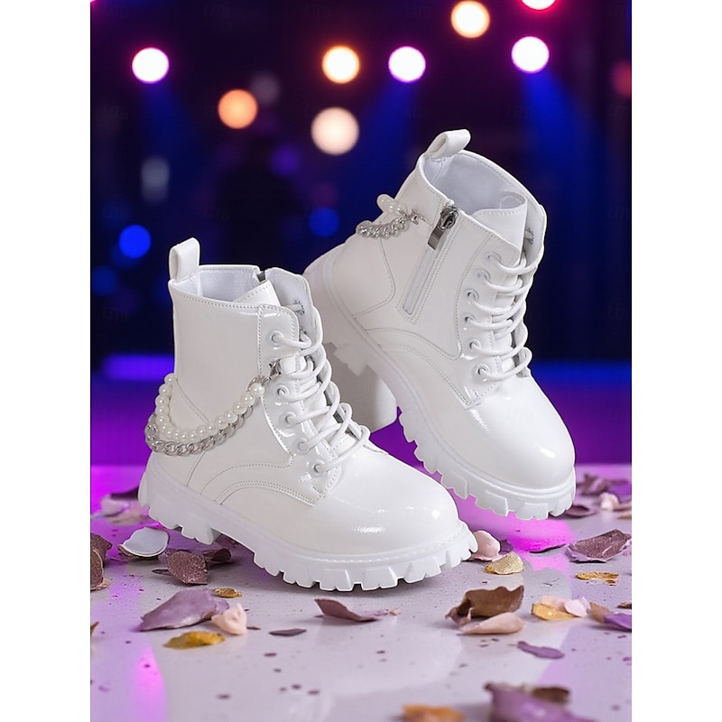 Korean Idol Inspired Pop Star Costume Shoes Girls' Combat Boots with Chunky Sole Lace-Up Design and Pearl Chain Detail for Fashion Outfits and Casual Wear4
