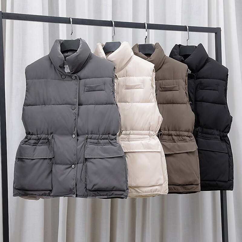Women's Casual Jacket Comfortable Breathable Pocket Buttons Casual Plain Vacation Street Casual Daily Wear Single Breasted Short Stand Collar Regular Fit Sleeveless Outerwear Black Beige Coffee