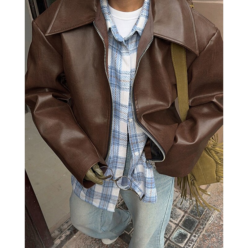 Women's Faux Leather Jacket Warm Comfortable Zipper Pocket Vintage Casual Plain Vacation Casual Going out Weekend Regular Turndown Regular Fit Long Sleeve Outerwear Black Wine Brown Fall Winter4