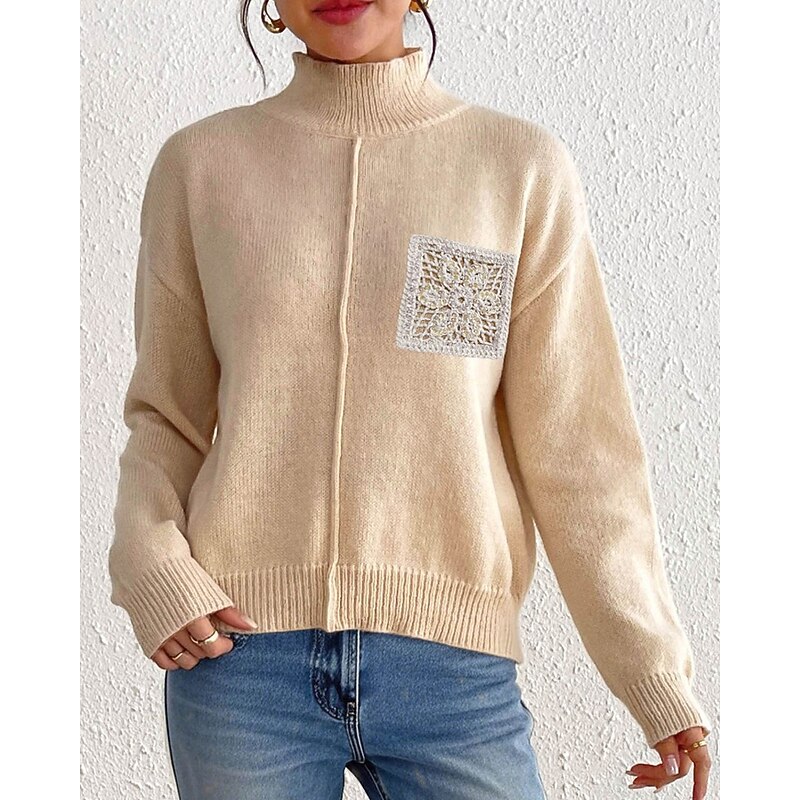 Women's Sweater Pullover Streetwear Casual Solid Color Turtleneck Knitted Long Sleeve Regular Tops Knit Daily Holiday Going out Black Khaki Fall Winter3