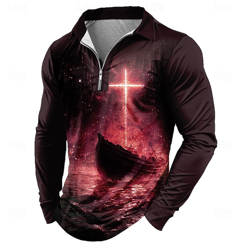 Men's Ship Cross Polo Long Sleeve Polo Shirts Lapel Vintage Casual Daily Wear 3D Print Quarter Zip Polo Spring Fall Winter Yellow Red Blue3