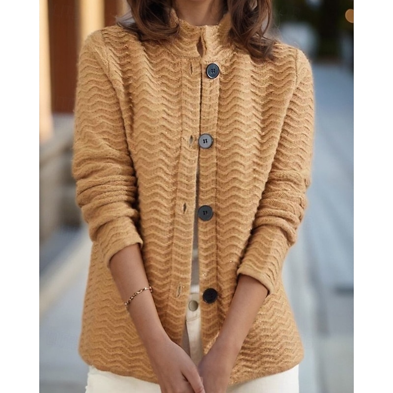 Women's Sweater Cardigan Streetwear Casual Solid Color Cable Crew Neck Buttons Knitted Long Sleeve Regular Tops Knit Outdoor Daily Holiday Brown Fall Winter2
