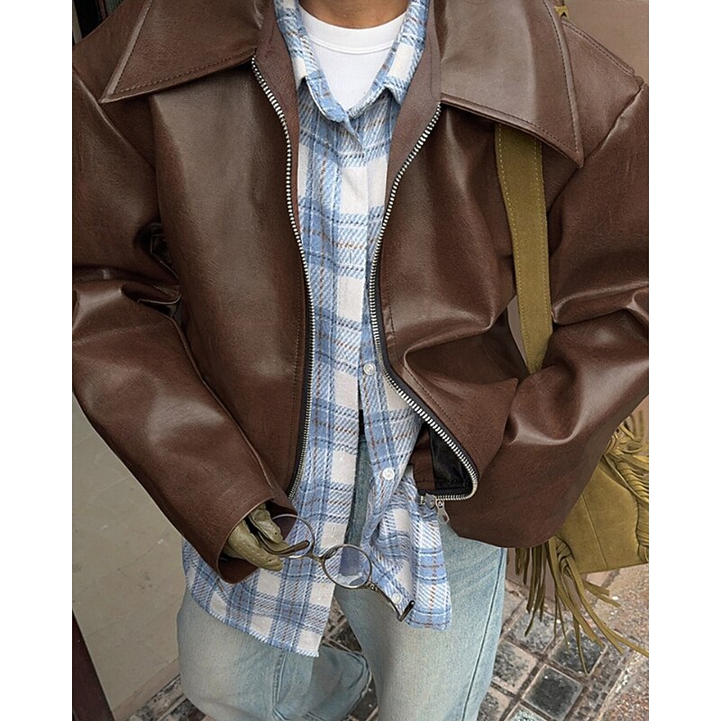 Women's Faux Leather Jacket Warm Comfortable Zipper Fashion Retro Plaid Outdoor Holiday Going out Weekend Regular Turndown Loose Fit Long Sleeve Outerwear Wine Khaki Fall Winter4