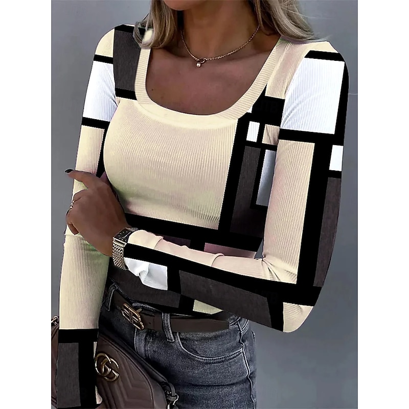 Women's Tunic Graphic Geometric Abstract Vintage Fashion Stylish Long Sleeve Square Neck Regular Tops Daily Print Pink Khaki Light Blue Spring Fall Winter3
