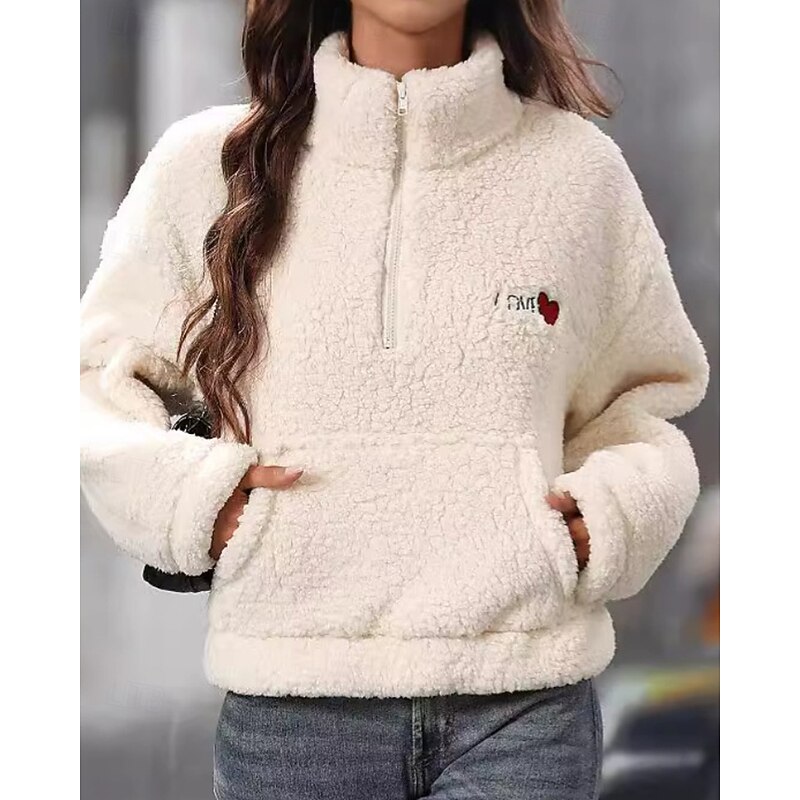 Women's Fleece Lined Pullover Sweatshirt Pajamas Pullover Sweatshirt Plain Casual Long Sleeve Turtleneck Regular Tops Street Holiday Going out Half Zipper Quarter Zipper Zipper Pocket Black White2