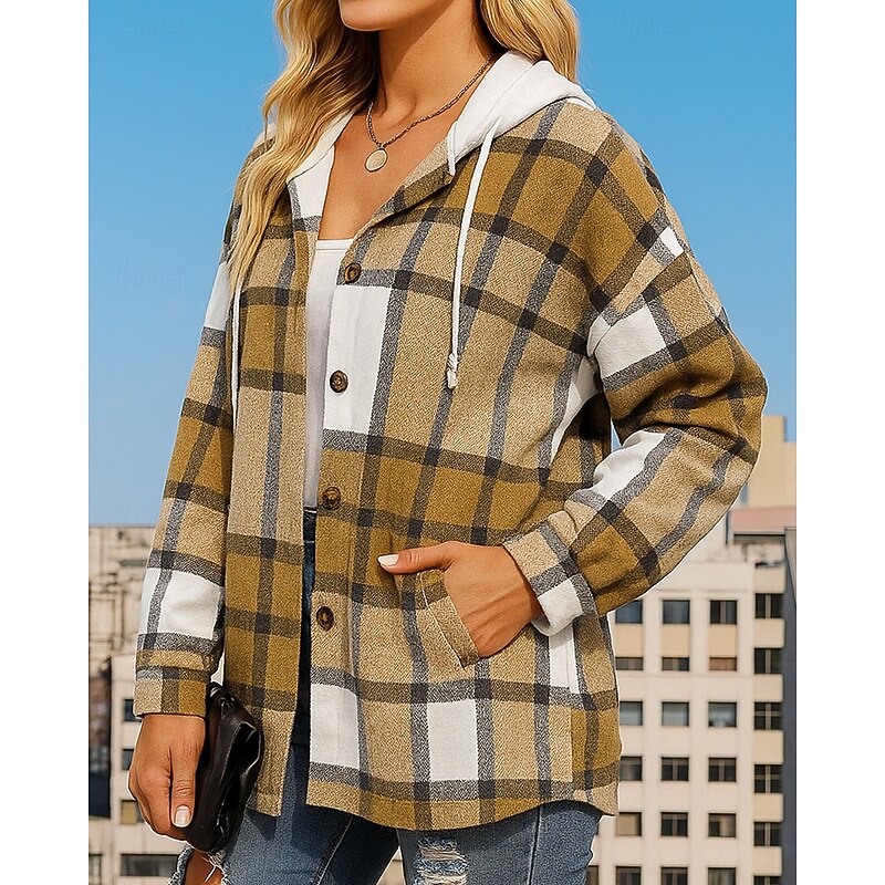 Women's Hoodie Jacket Long Coat Drawstring with Pockets Long Sleeve Top Athleisure Fall Plaid Checkered Cotton Hiking Outdoor Travel Sportswear Activewear Black Red Blue3