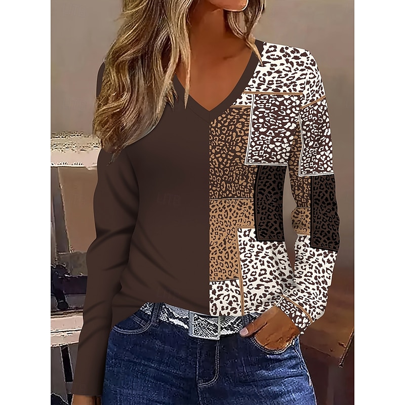 Women's T Shirt Graphic Leopard Geometric Vintage Stylish Classic Long Sleeve V Neck Regular Tops Daily Print Brown Spring Fall Winter