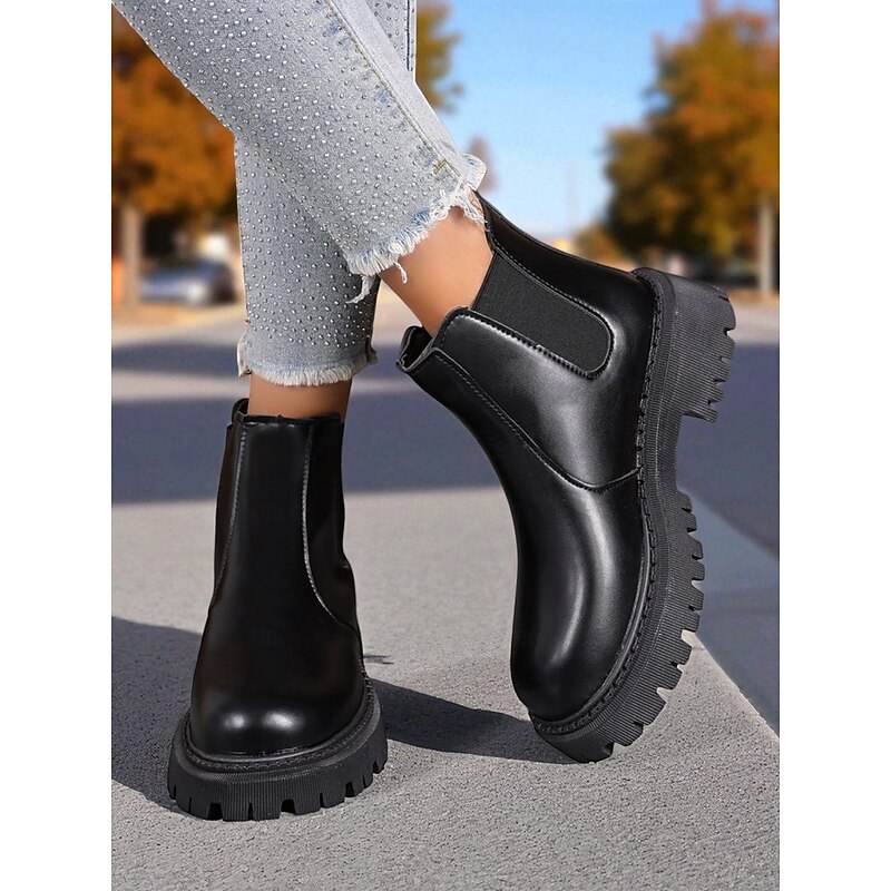 Women's Black Chunky Chelsea Ankle Boots – Faux Leather Slip-On Booties with Lug Soles for Fall Street Style and Casual Outfits2
