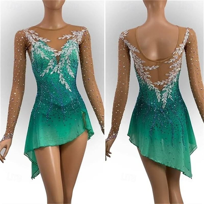 Figure Skating Dress Women's Girls' Ice Skating Dress Green Patchwork Asymmetric Hem Mesh Spandex High Elasticity Training Competition Skating Wear Classic Crystal / Rhinestone Long Sleeve Ice3