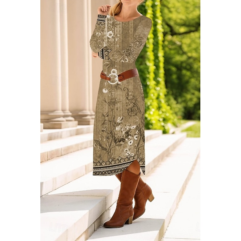 Women's Midi Dress Sheath Dress Shift Dress Party Casual Boho Party Wedding Guest Daily Regular Fit Floral Graphic Long Sleeve Crew Neck Dark Brown Light Brown Beige Spring Fall Winter Autumn2