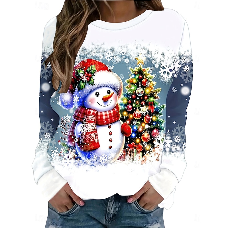 Women's Pullover Sweatshirt Hoodies Graphic Snowman Christmas Fashion Casual Long Sleeve Crew Neck Round Neck Regular Tops Street Dailywear Casual Print Blue Fall Winter