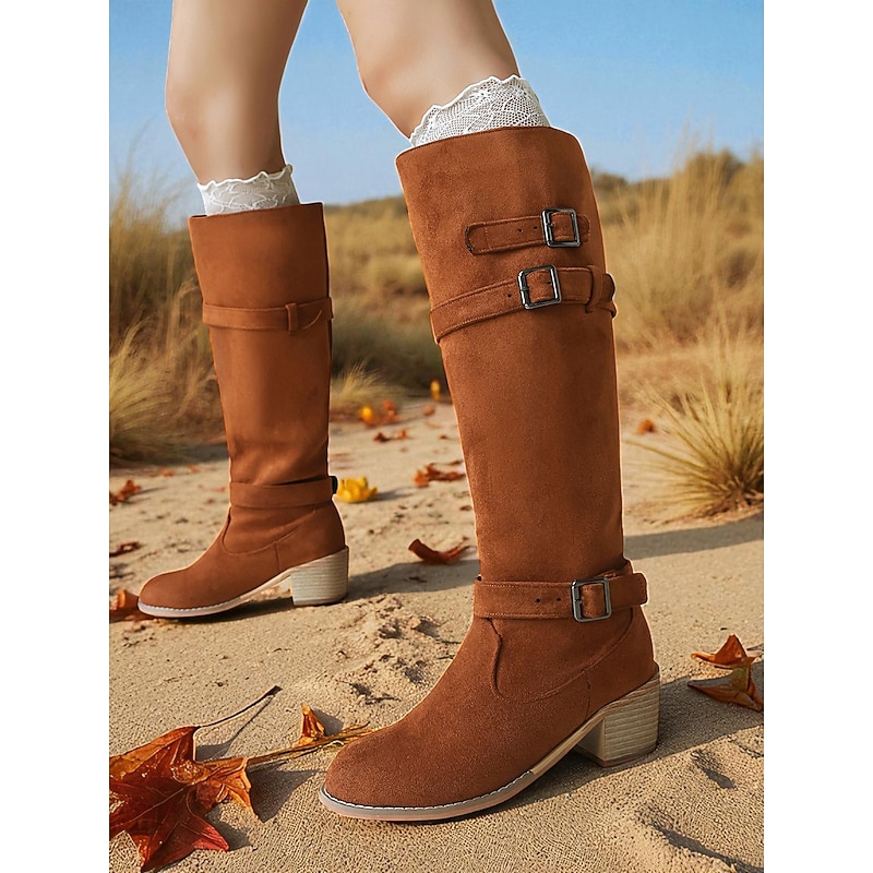 Women's Light Brown Knee High Boots – Faux Suede Buckle Strap Chunky Heel Boots for Casual Wear and Autumn Outfits2