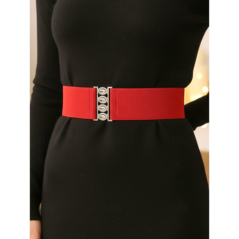 Women's Elastic Waist Belt with Vintage Metal Buckle, Wide Stretch Cinch Belt in Multiple Colors, Christmas Party Dress Accessory and Gift