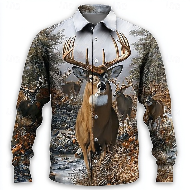 Men's Reindeer Nature & Landscapes Forest Shirt Button Up Shirt Long Sleeve Vintage Retro Outdoor Camping & Hiking Hunting Spring Fall Turndown 3D Print Collared Shirts Blue 2# Blue 1# Blue3