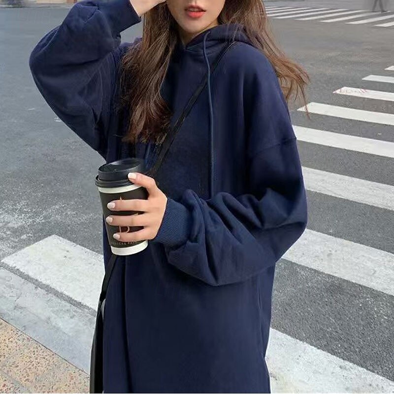 Women's Midi Dress Hoodie Dress Fashion Modern Daily Going out Regular Fit Plain Long Sleeve Crew Neck Hooded Black Brown Dark Blue Gray Spring Fall2