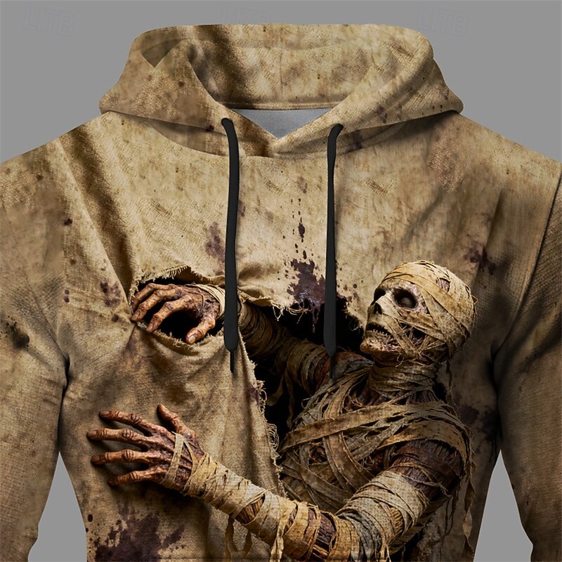 Halloween Men's Graphic Ghost Hoodie Fashion Daily Hooded Vacation Party Streetwear Khaki Drawstring Pocket Printing Fall Winter Designer2