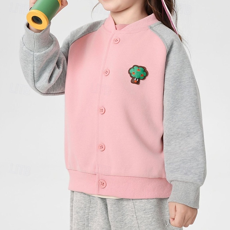 Kids Girls' Baseball Jacket Solid Color Cool Buttons School Cotton Coat Outerwear 4 years+ Fall Pink