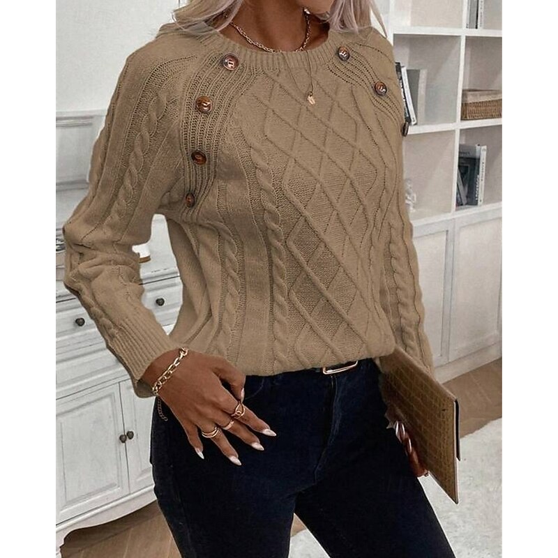 Women's Sweater Pullover Fashion Casual Pure Color Ribbed Crew Neck Buttons Knitted Long Sleeve Regular Tops Knit Outdoor Daily Weekend Khaki Coffee Fall Winter3
