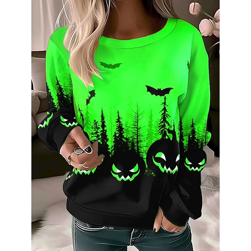 Women's Pullover Graphic Pumpkin Casual Long Sleeve Crew Neck Round Neck Regular Tops Street Casual Holiday Print Pink Blue Orange Green Spring Fall Winter4