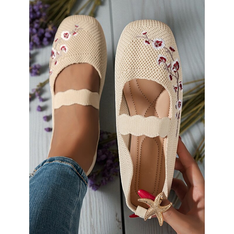 Women's Beige Flyknit Mary Jane Flats with Floral Embroidered, Casual Breathable Slip-On Shoes for Work, Travel and Daily Wear4