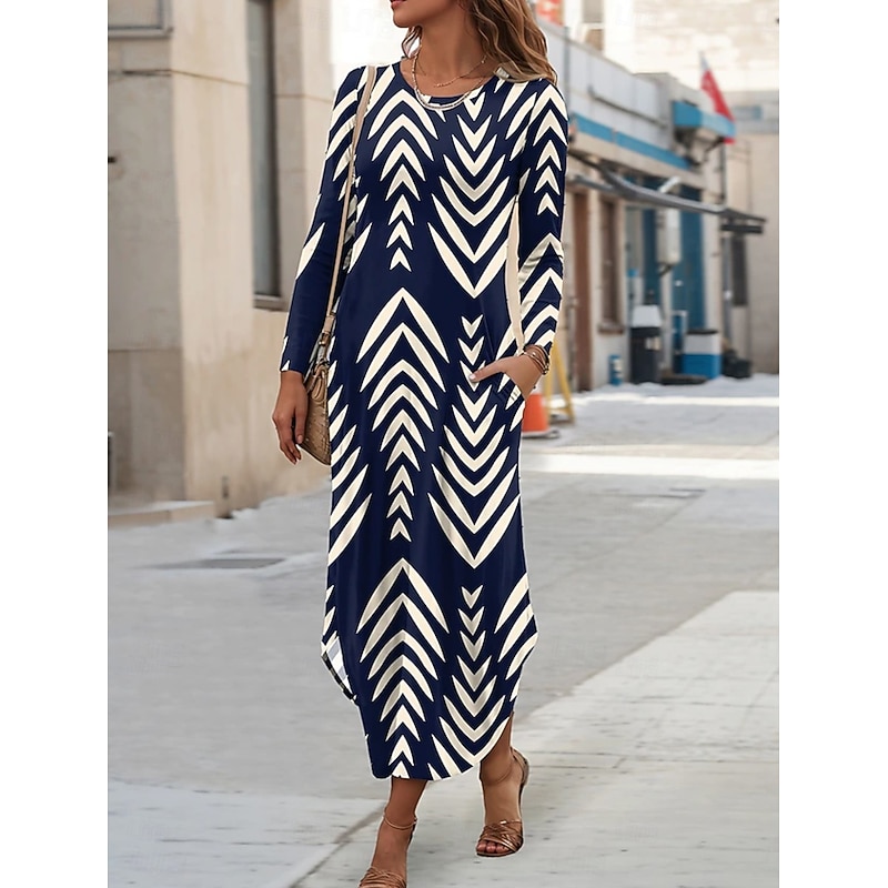 Women's Maxi Dress Sheath Dress T Shirt Dress Tee Dress Vacation Casual Boho Holiday Date Regular Fit Graphic Geometric Abstract Long Sleeve Crew Neck Crewneck Blue Purple Green Spring Fall Winter2