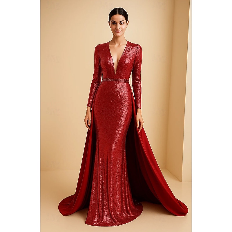Black Tie Sequin Mermaid / Trumpet Evening Gown Elegant Formal Dress Formal Wedding with satin Overskirt Sweep / Brush Train Long Sleeve Plunge Neck Sequined with Beading 2025