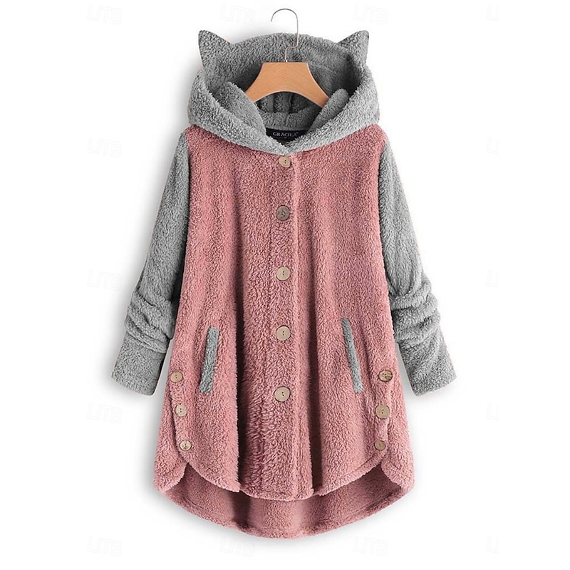 Women's Sherpa Jacket Comfortable Breathable Pocket Buttons Casual Plain Vacation Street Casual Daily Wear Single Breasted Long Hooded Loose Fit Long Sleeve Outerwear Black Pink Wine Spring Fall