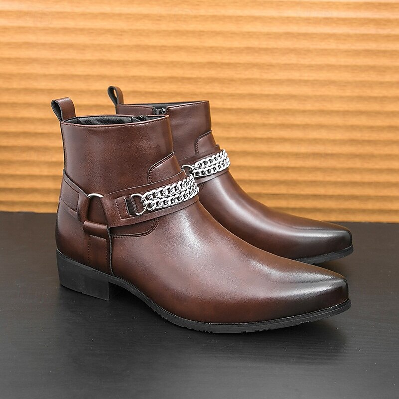 Men's Brown Faux Leather Chelsea Boots with Chain Accent, Sleek and Modern Look for Formal Office Attire, Parties and Evenings Out4