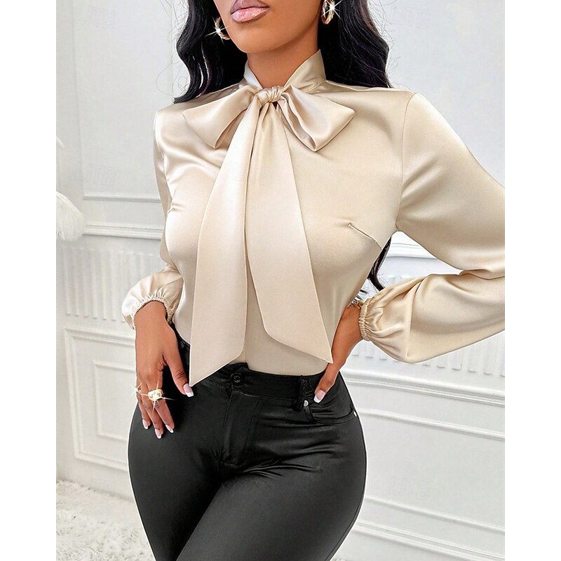 Women's Shirt Elegant Dressy Satin Solid Color Elegant Stylish Basic Long Sleeve Tie Neck Regular Tops Daily Going out Bow Apricot Spring Fall