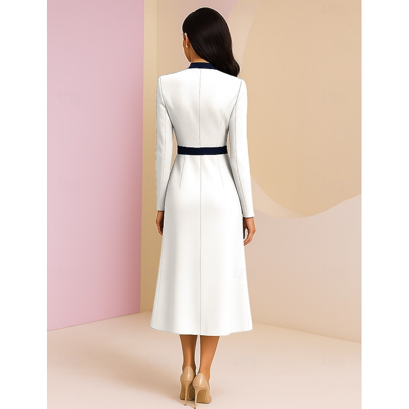 Sheath / Column Mother of the Bride Dress Formal Elegant Vintage V Neck Tea Length Satin Long Sleeve with Color Block2