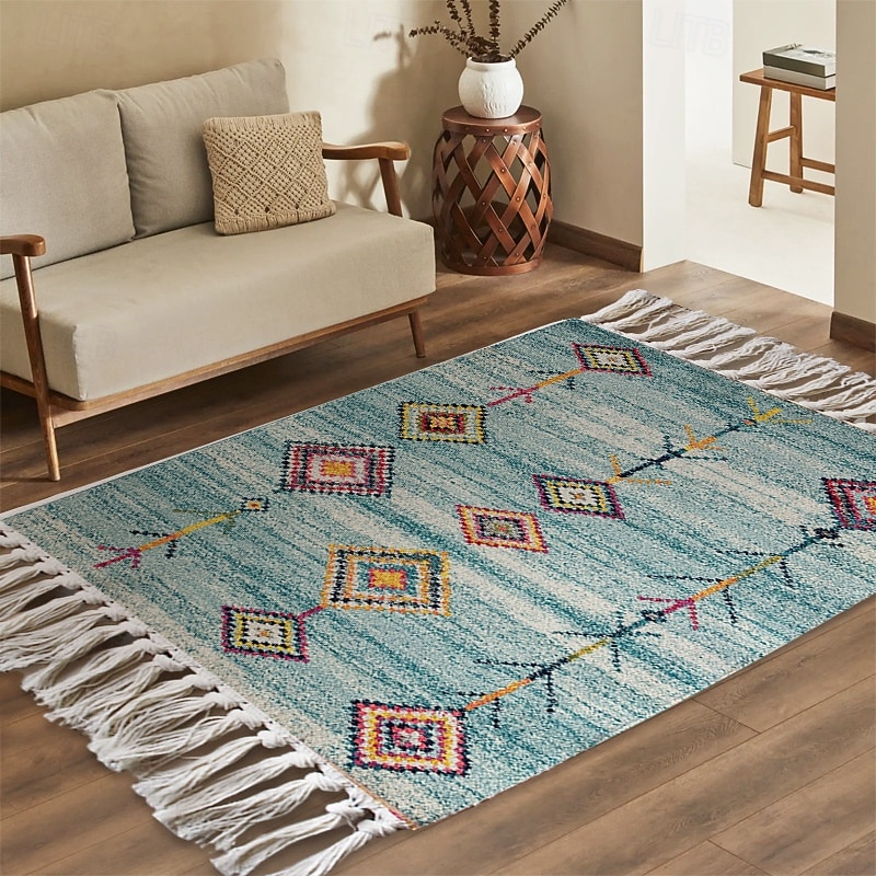 Geometric Woven Rug For Home Minimalist Pattern Dust Resistant Stain Resistant Easy Care Ethnic Style Floor Mat Decorative Area Carpet Living Room Bedroom Guesthouse Mat