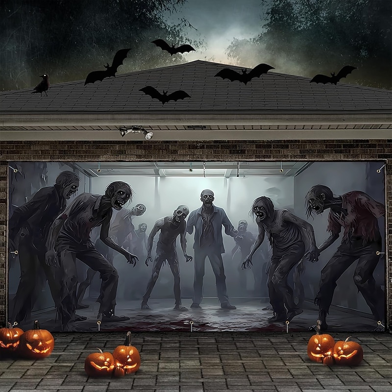 Halloween Tapestry Garage Door Cover Large Hanging Backdrop Zombie Containment Unit 3D Dark Punk Gothic Style Party Outdoor Shooting Backgrounds Yard Haunted House Home Decor