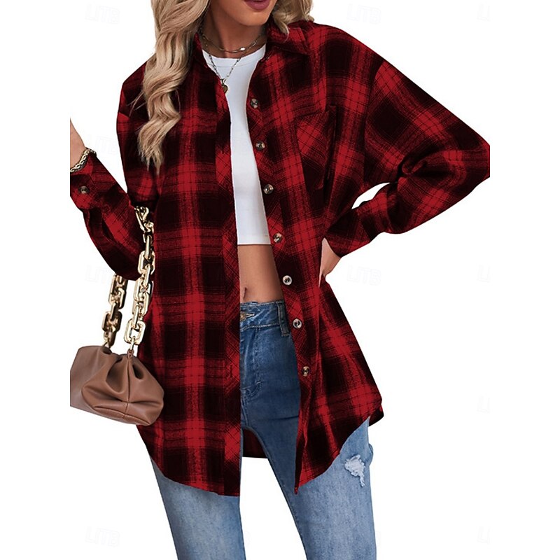 Women's Shacket Comfortable Breathable Pocket Buttons Print Casual Plaid Vacation Street Casual Daily Wear Single Breasted Regular Turndown Regular Fit Long Sleeve Outerwear Black Red Blue Spring Fall3