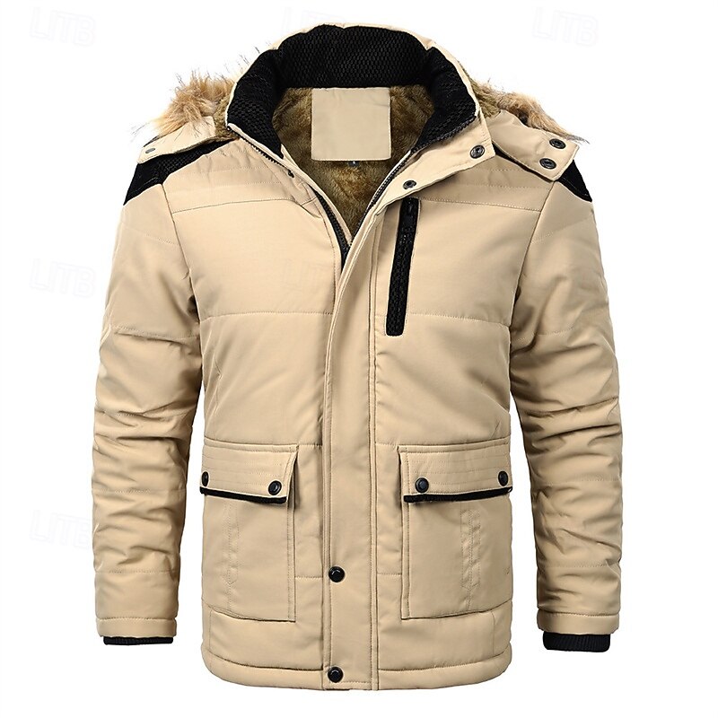 Men's Winter Coat Fleece Jacket Parka Pocket Fleece Polyster Vacation Daily Wear Date Regular Fashion Casual Comfortable Thermal Warm Fall Winter Solid / Plain Color Black Khaki Dark Blue Puffer4