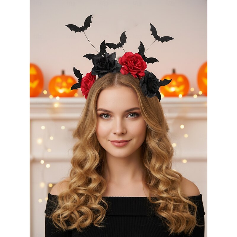 Women's Halloween Bat Headband with Red Roses - Gothic Costume Hair Accessory for Party, Masquerade and Cosplay Events3