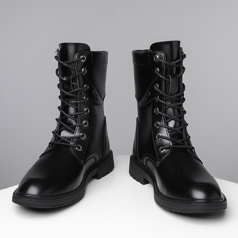 Black Faux Leather Lace-Up Men's Combat Boots with Round Metal Logo, Chunky Sole, and Military Style – Perfect for Harley Riders, Punk Rock Fashion, Casual Outdoor Wear and Everyday Use4