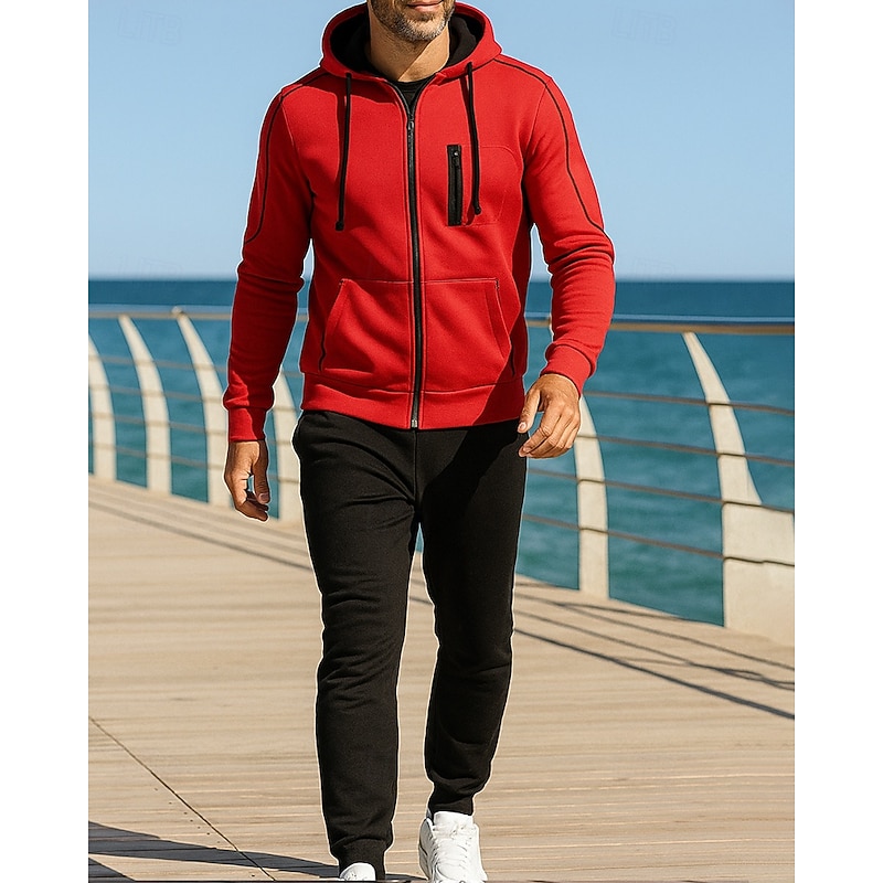 Men's 2 Piece Tracksuit Lounge Hoodie Sweatsuit Sets Drawstring Solid Colored Clothing Suit Fall Black Red Outdoor Travel Sports Moisture Wicking Long Sleeve Sport Activewear Micro-elastic Regular Fit4