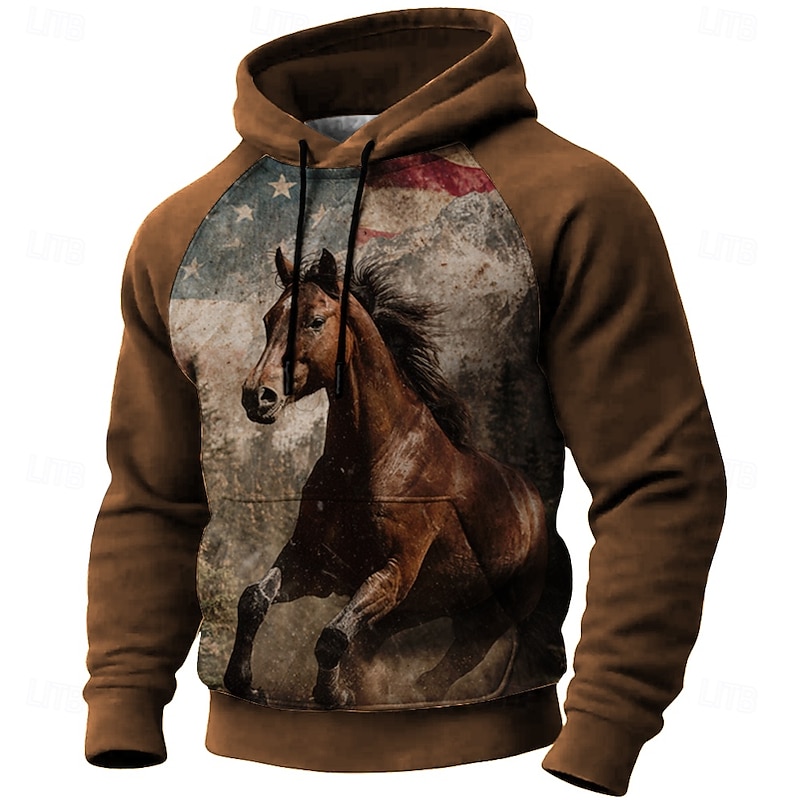 Men's Horse Hoodie Sweatshirt 3D Hunting Hooded Outdoor Sports Outdoor Black Burgundy Raglan Sleeves Fall Winter Designer