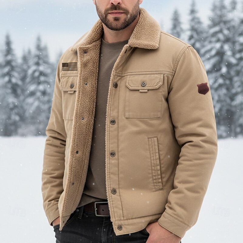 Men's American US Flag Fleece Jacket Cargo Jacket Sherpa Jacket Thermal Warm Vintage Casual Outdoor Home Multiple Pockets Cotton Jackets Winter Coats Fall Winter Fleece Turn-Down Collar Long Sleeve