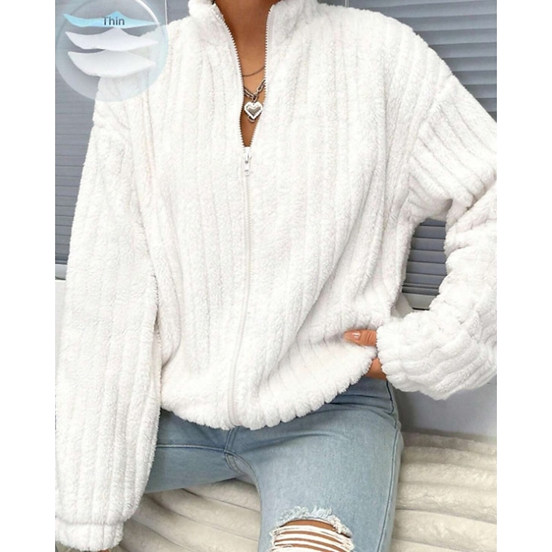 Women's Sweater Cardigan Streetwear Casual Solid Color Stand Collar Zipper Knitted Long Sleeve Regular Tops Knit Outdoor Holiday Weekend White Fall Winter