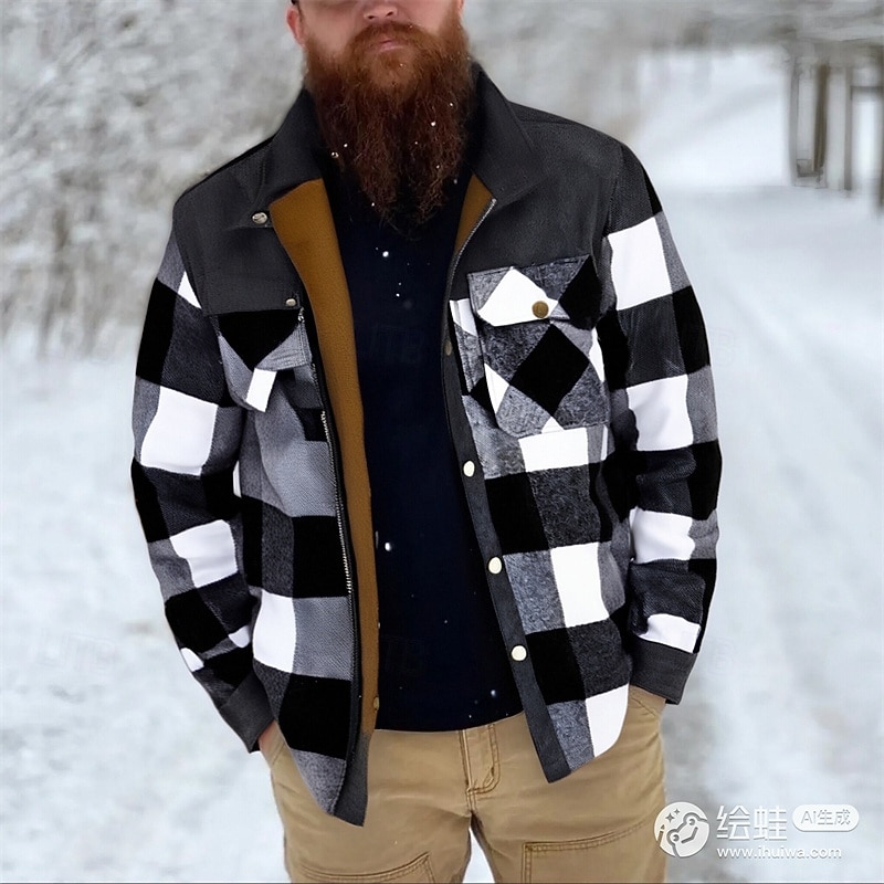 Men's Winter Jacket Shirt Jacket Fleece Jacket Casual Jacket Vacation Daily Thermal Warm Pocket Fleece Fall Winter Plaid Fashion Streetwear Stand Collar Regular Black Red Green Coffee Gray Jacket