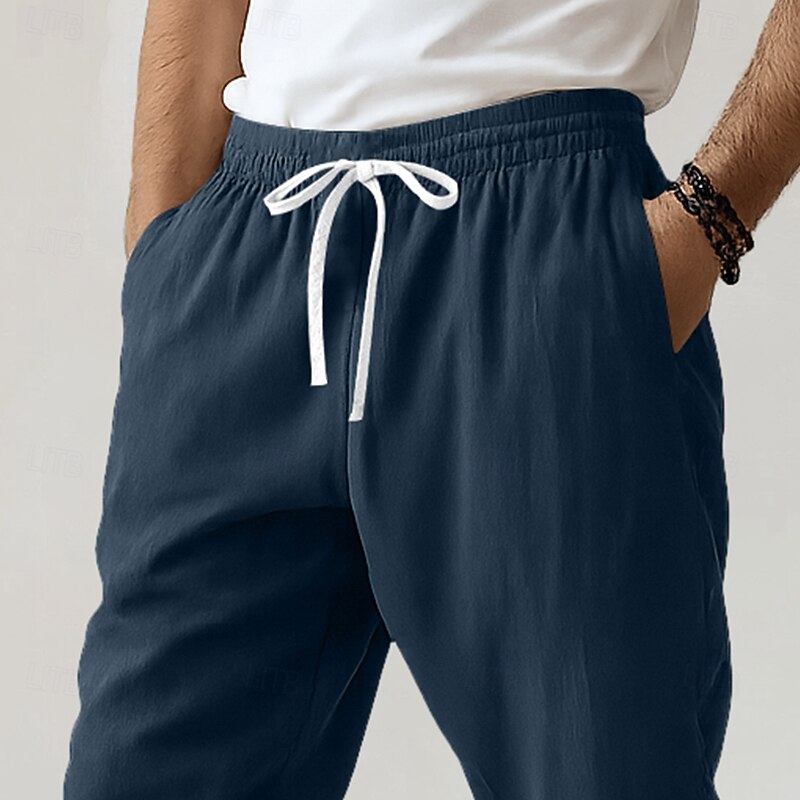 Men's Linen Pants Trousers Summer Pants Harem Pants Drawstring Solid Color Knee Length Outdoor Vacation Home Vacation Ethnic Style Black Navy Blue Low Waist Micro-elastic2